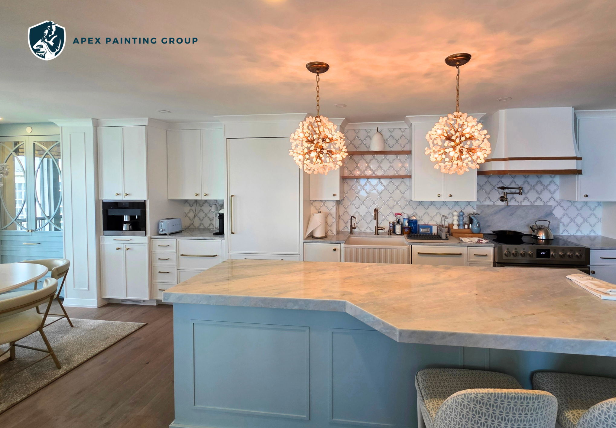 Completed penthouse kitchen cabinet painting by Apex Painting Group on Gulf Shore Boulevard in Naples